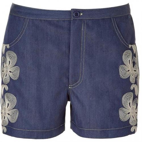 Anna Sui Indigo Embroidered Denim Shorts